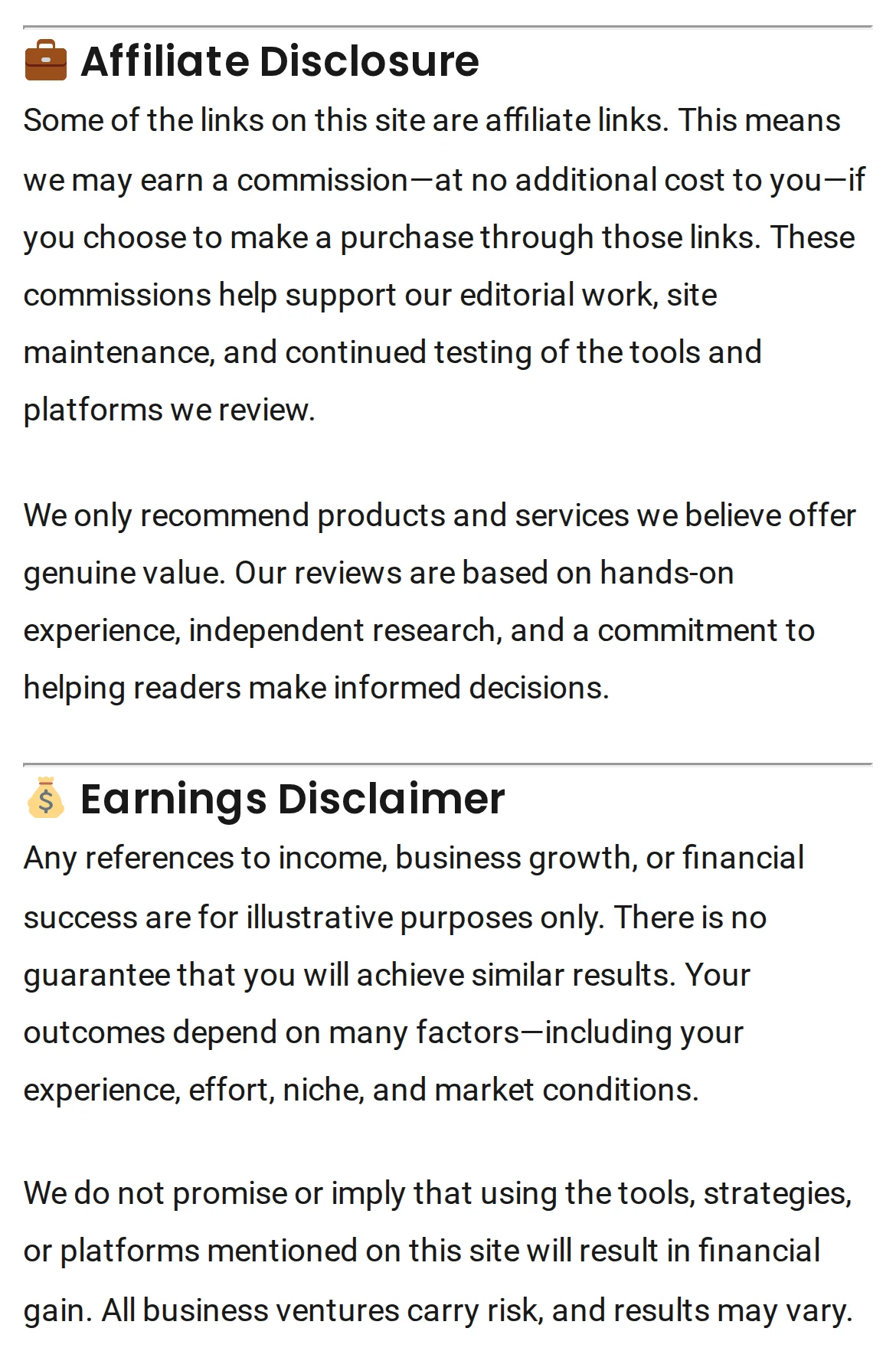 The Affiliate Disclosure section and the Earnings Disclaimer, which says results are not guaranteed, on the Disclosure & Disclaimer page of Eric Salo Reviews