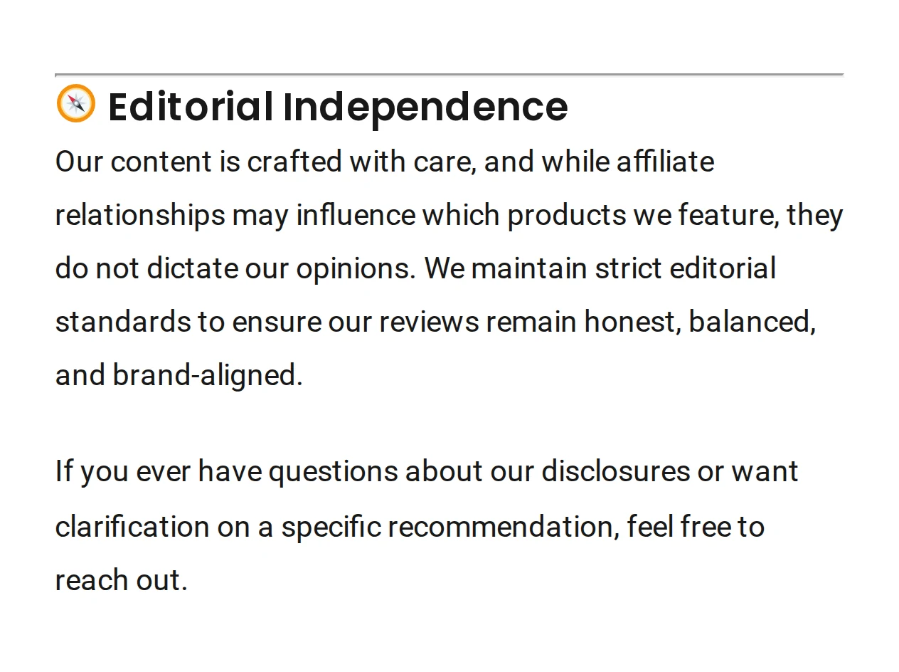 The Editorial Independence note on the Disclosure & Disclaimer page of Eric Salo Reviews